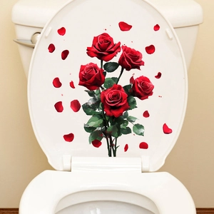 Self-adhesive red rose wall sticker and floral toilet decal for party home decoration