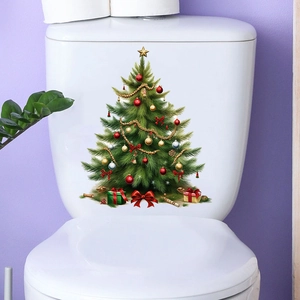 Detail of Christmas tree wall sticker with ornaments on a white toilet tank