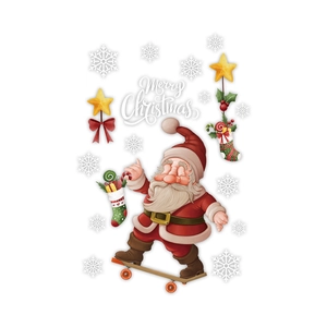 Merry Christmas window stickers featuring Santa on a skateboard with snowflakes and stockings