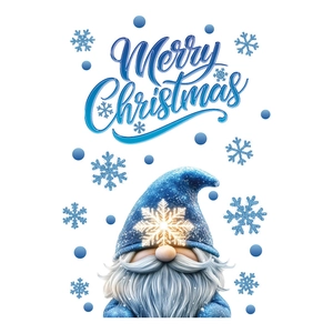 Blue Christmas Gnome window sticker with Merry Christmas text and snowflake decals