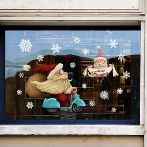 Christmas Santa Claus on scooter static window decals with snowflakes for glass display
