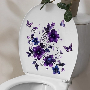 Purple floral vine and butterfly waterproof self-adhesive sticker on white toilet lid