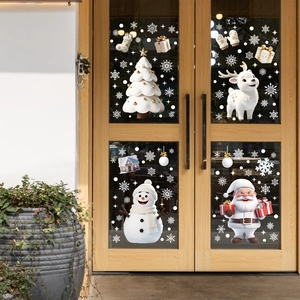 3D style Christmas static window stickers featuring Santa, snowmen, and reindeer on glass doors