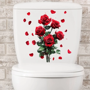 Detail of vivid red rose and petal waterproof self-adhesive decals on a white toilet tank