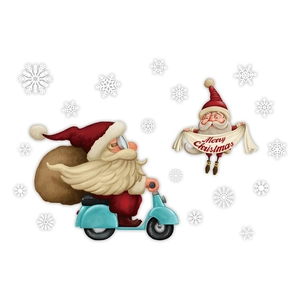 Christmas Santa Claus window stickers with reindeer on blue scooter and snowflake designs