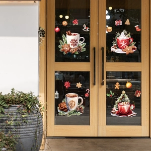 Christmas window static stickers with gingerbread man and festive warm coffee cup designs