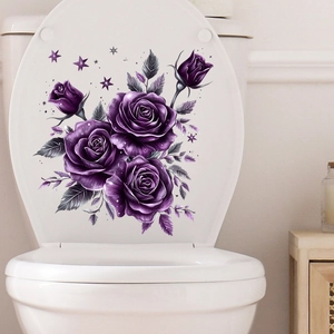 Detail of purple rose and butterfly waterproof wall sticker applied on a white toilet lid