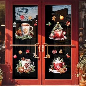 Christmas static window stickers with gingerbread, cocoa cup and tree for glass door decor