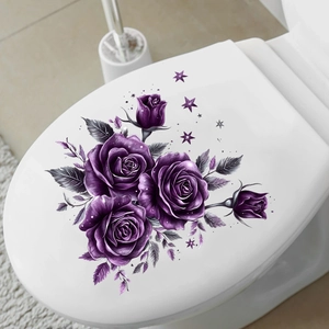 Waterproof purple rose flower and leaf adhesive wall decals for bathroom decor