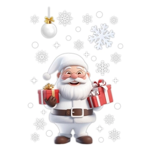 3D Santa Claus static window sticker holding red gift boxes with snowflakes for Christmas
