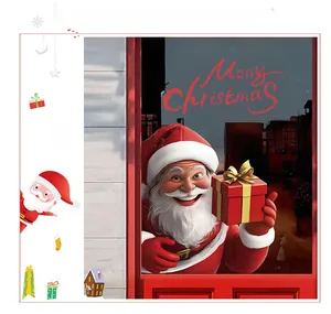 Close-up of Santa Claus window stickers with Merry Christmas greeting and gift patterns