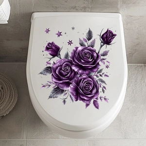 Detail of purple rose and star decals applied on a white ceramic toilet lid