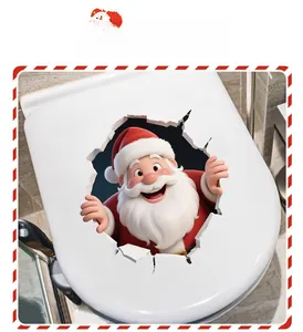 3D Santa Claus waterproof PVC sticker applied to a white bathroom toilet lid
