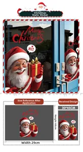 Detailed size specifications for Santa Claus window cling sticker with festive gift box