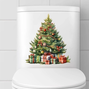 Close-up of festive Christmas tree and gift box wall stickers applied on a white surface