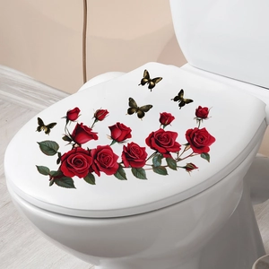 Detailed realistic red roses and golden butterflies waterproof stickers on a toilet lid