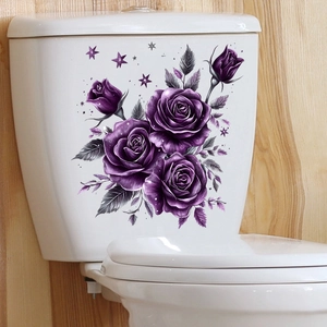 Close-up of purple floral stickers on a toilet tank featuring roses and stars