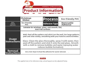 Detail specifications table for Christmas Santa PVC wall stickers with removal guide