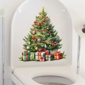 Close-up of Santa Claus and decorated Christmas tree self-adhesive toilet lid sticker decor