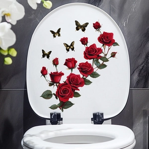 Detail of red rose and black butterfly waterproof self-adhesive decals on a white toilet lid