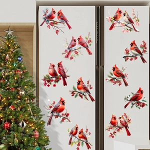 Realistische Kardinalvogel Fensteraufkleber Weihnachten Ast Beeren Doppelseitig Wasserdicht PVC Wandtattoo Deko