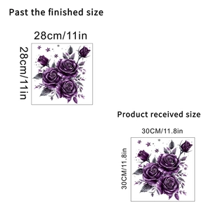 Detail of purple floral wall sticker showing 30x30cm sheet and 28x28cm finished dimensions