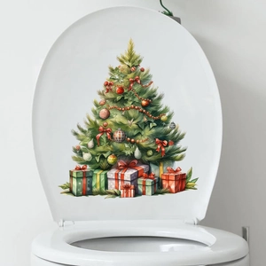 Detail of Christmas tree wall sticker with gift boxes applied to a white toilet lid cover