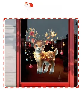 Detailed view of cartoon Christmas reindeer window static sticker with festive lights