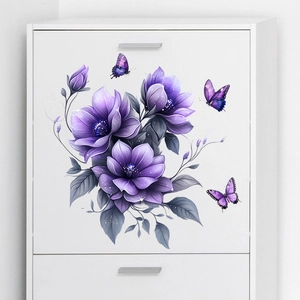 Close-up of purple flower and butterfly wall stickers applied on a white minimalist drawer