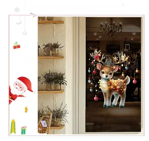 Christmas reindeer static stickers on glass door with colorful balls and stars decor