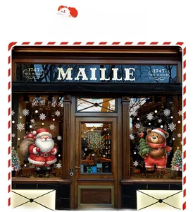 Detailed Santa Claus and brown bear window stickers with snowflakes for festive decoration
