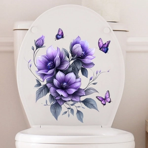 Detailed view of elegant purple floral and butterfly stickers on a white toilet lid
