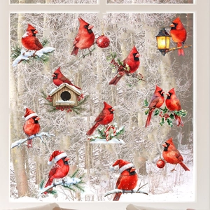 Stickers Muraux Cardinal de Noël Imperméables en PVC Autocollants Fenêtre Décoration d'Hiver Branche de Pin pour Maison