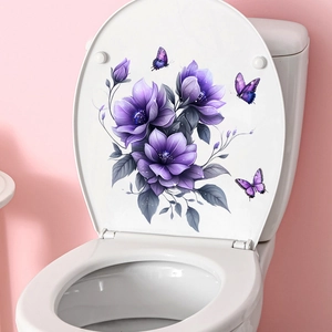 Detail of purple flower and butterfly waterproof stickers applied to a toilet lid
