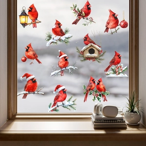 Stickers de fenêtre de Noël oiseaux cardinaux avec impression UV double face et neige