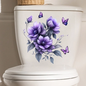 Detailed view of purple floral wall stickers and butterflies on a white surface