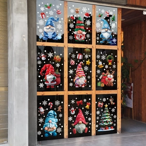 Christmas gnome window clings set with snowflakes and reindeer for glass door decor