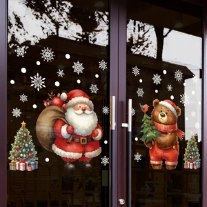 Christmas Santa Claus Cartoon Bear Static Window Stickers PVC Double Sided Glass Door Decals Xmas Festive Home Decoration
