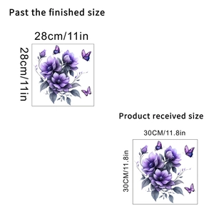Detailed size comparison of purple floral wall decals showing layout and dimensions