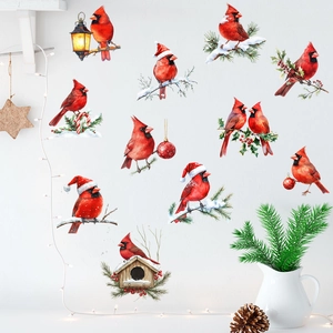 Stickers muraux de cardinaux de Noël avec chapeaux de fête et nichoir enneigé