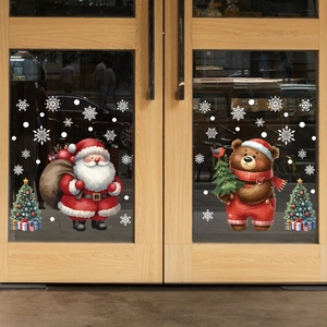 Christmas window stickers with Santa, teddy bear, and snowflakes on glass door decor
