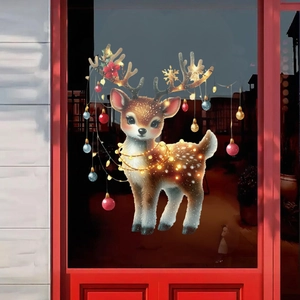 Christmas reindeer static window sticker with warm lights and festive ornaments on glass door
