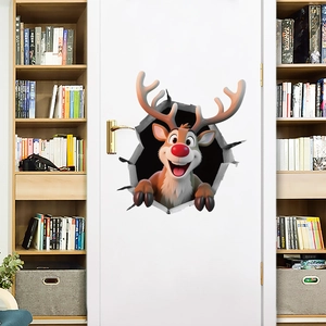Creative 3D Christmas reindeer door sticker featuring a cartoon deer with a red nose