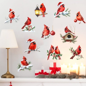 Stickers muraux cardinaux de Noël avec branches de pin et lanternes décor de fenêtre