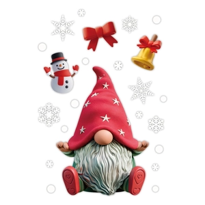 Christmas static stickers set with Santa gnome, snowman, golden bells and white snowflakes