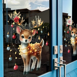 Christmas window sticker featuring a cute cartoon reindeer with colorful baubles and lights