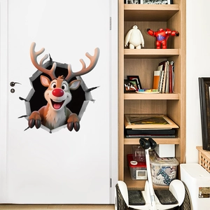 3D Christmas reindeer wall sticker appearing to burst through a white door frame