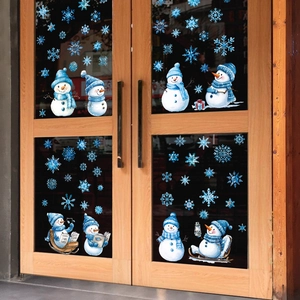 Christmas snowman and blue snowflake static window clings set for glass door decoration
