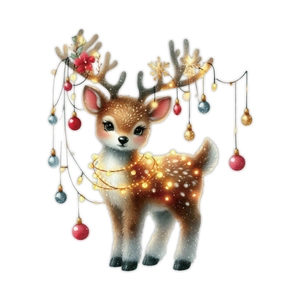 Cute Christmas reindeer static sticker with festive light strings and colorful ornaments