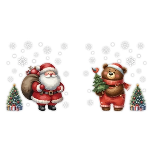 Christmas Santa and cartoon bear static window stickers with snowflakes and trees